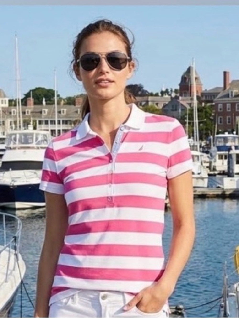 NWOT Nautica Pink and White Striped Polo